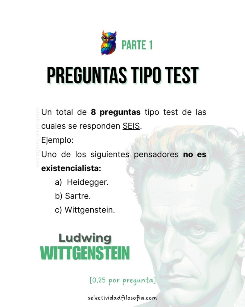 PAU 2025 CASTILLA LA MANCHA FILOSOFÍA. parte 1, preguntas tipo test sobre Sartre, Heidegger y Wittgenstein