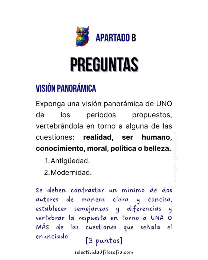 PAU 2025 FILOSOFÍA ARAGÓN, apartado de visión panorámica a desarrollar sobre temas como política,  realidad, ser humano, moral o belleza en la edad antigua o moderna.