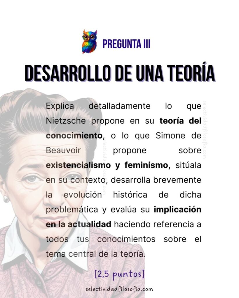 1 PAU 2025 FILOSOFÍA LA RIOJA, pregunta de desarrollo de una teoría de Nietzsche o de Simone de Beauvoir.