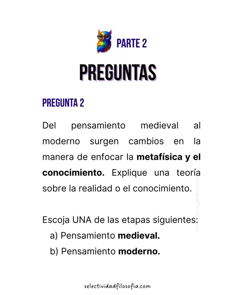 PAU 2025 EXTREMADURA FILOSOFÍA estructura del examen y preguntas. Preguntas a desarrollar sobre dos ámbitos: metafísica y conocimiento o epistemología.