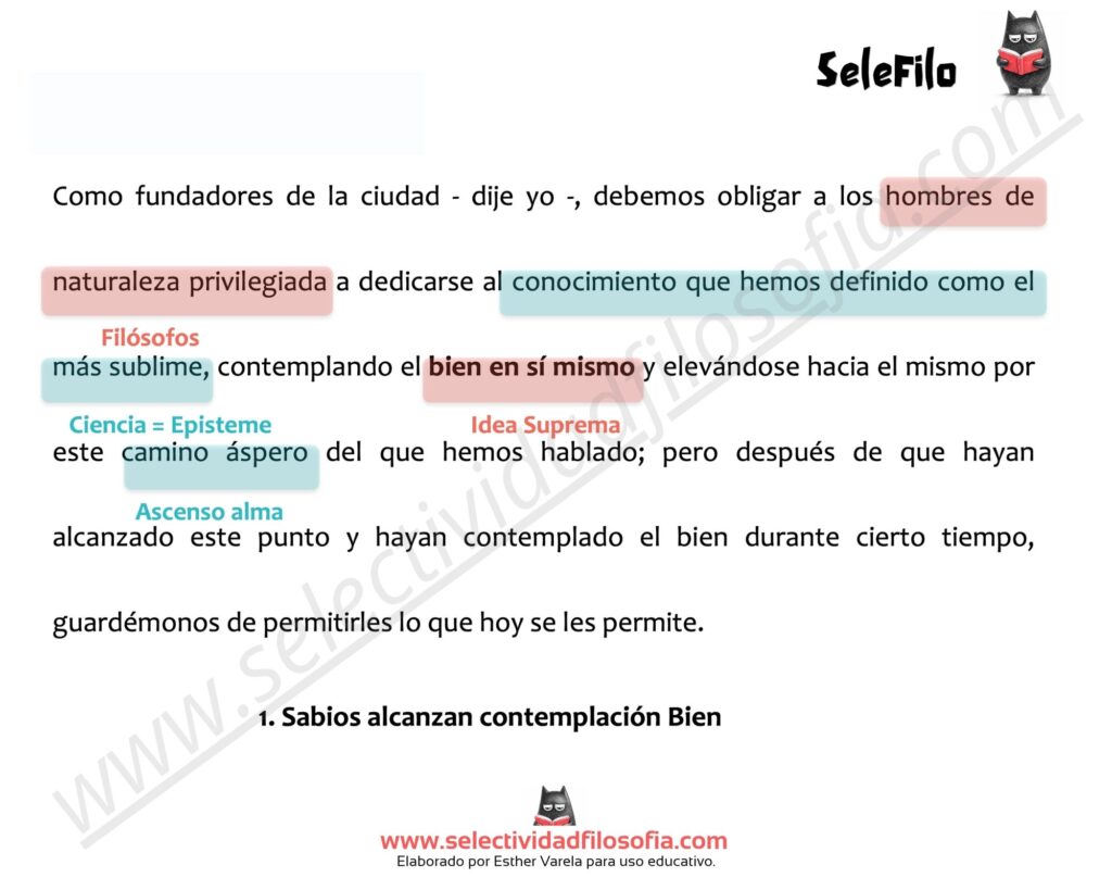 Comentario de texto de Platón para Selectividad, centrado en la Idea del Bien, el conocimiento (episteme) y la función de los filósofos en la sociedad. Blog SeleFilo.