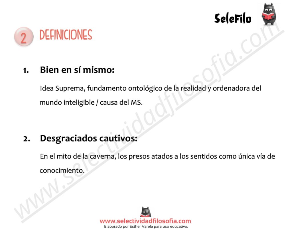 Definiciones de Platón sobre el Bien en sí mismo y los cautivos del mito de la caverna explicadas visualmente.