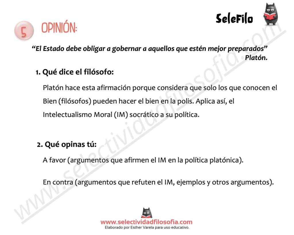Explicación de la opinión de Platón sobre quién debe gobernar y el papel de los filósofos en la política, para el examen PAU de Filosofía
