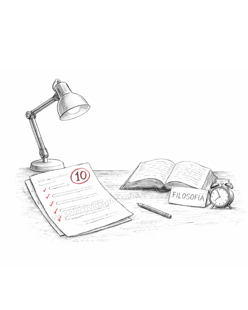 Examen de filosofía corregido con un 10, libro abierto, reloj y material de estudio en ilustración estilo boceto sobre fondo blanco.