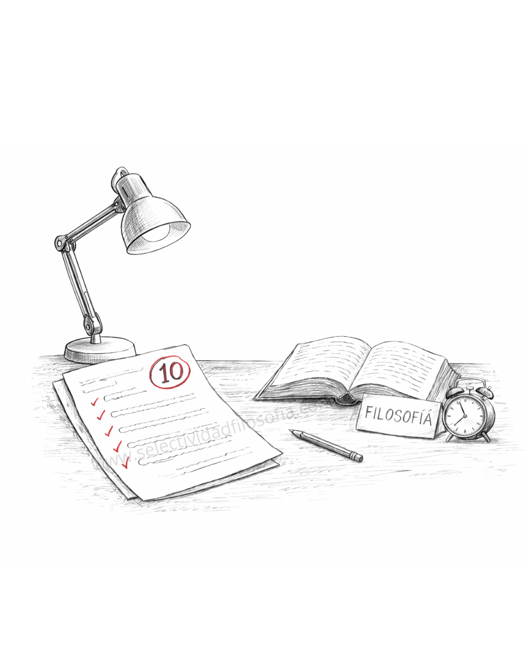 Examen de filosofía corregido con un 10, libro abierto, reloj y material de estudio en ilustración estilo boceto sobre fondo blanco.