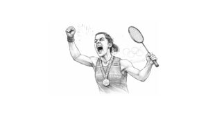 Ilustración de la deportista Carolina Marín celebrando el oro en los juegos olímpicos de Rio de Janeiro 2016.
