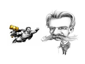 Ilustración de Nietzsche de Nacho García junto a ilustración de Nietzsche con martillo de SeleFilo en el blog de preparación PAU Filosofía de SeleFilo, Esther Varela