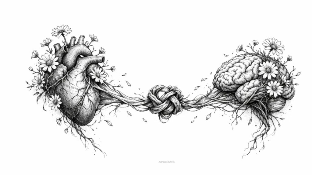 Ilustración de corazón y cerebro anudados original del blog educativo SeleFilo (preparación PAU de Filosofía).