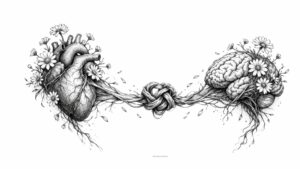 Ilustración de corazón y cerebro anudados original del blog educativo SeleFilo (preparación PAU de Filosofía).