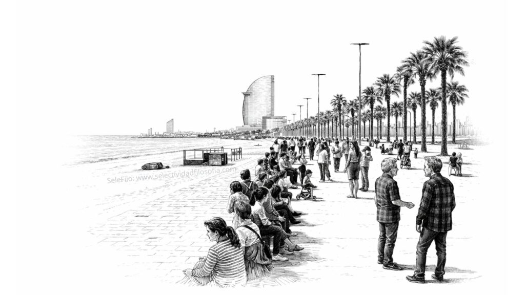 Ilustración de gente en la calle de Barcelona durante la pandemia, en blog educativo SeleFilo de Esther Varela