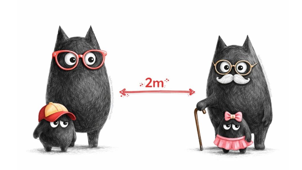 Ilustración de la mascota del blog SeleFilo (de Esther Varela) sobre la distancia de separación en la pandemia