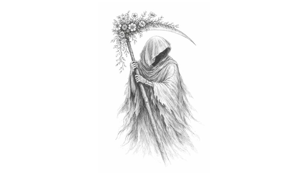 Ilustración en blanco y negro de la Muerte encapuchada con guadaña adornada con flores, estilo boceto, fondo blanco. [selectividadfilosofia.com]