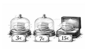 Ilustración sobre el precio de las mascarillas en la pandemia, para trabajar la opinión argumentada en la PAU de filosofía.