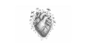 Ilustración en blanco y negro, boceto de un corazón humano en el que florecen flores y setas [selectividadfilosofia.com]