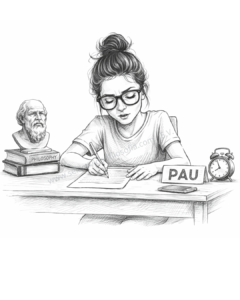 Estudiante haciendo examen de filosofía PAU en Cataluña, con gafas grandes y moño, ilustración en blanco y negro sobre fondo blanco, elaborado por selectividadfilosofia-E.V.