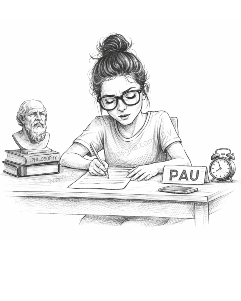 Estudiante haciendo examen de filosofía PAU en Cataluña, con gafas grandes y moño, ilustración en blanco y negro sobre fondo blanco, elaborado por selectividadfilosofia-E.V.