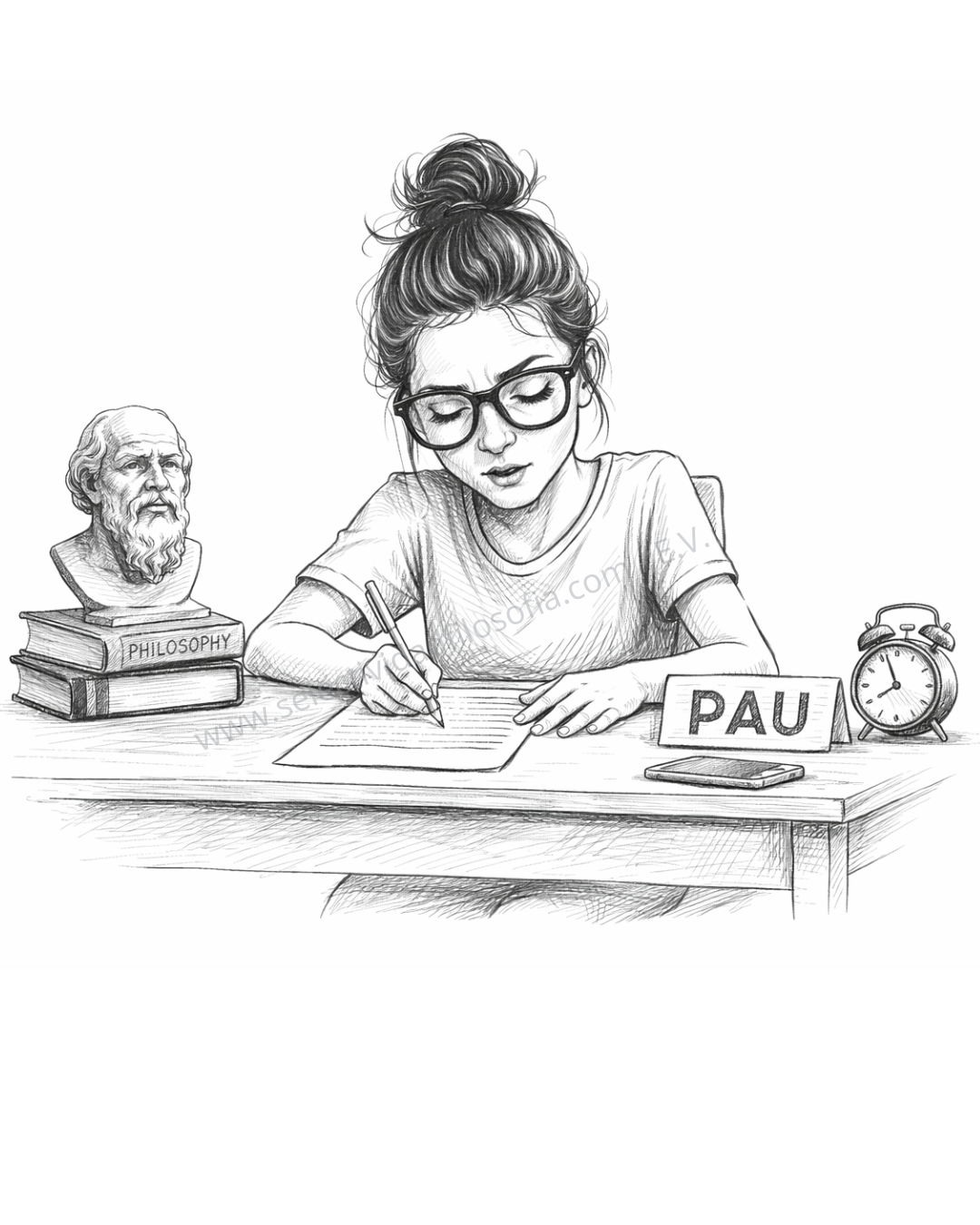 Estudiante haciendo examen de filosofía PAU en Cataluña, con gafas grandes y moño, ilustración en blanco y negro sobre fondo blanco, elaborado por selectividadfilosofia-E.V.