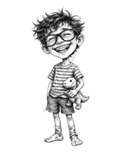Ilustración de niño con gafas y dinosaurio sonriendo - SeleFilo