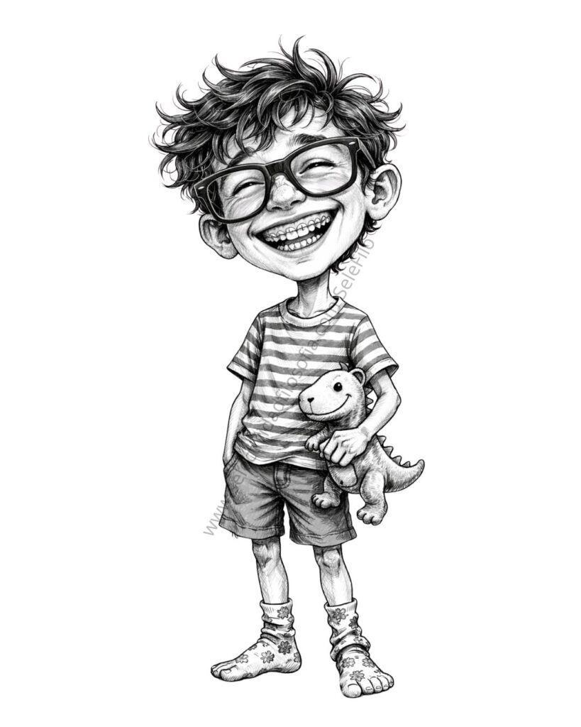 Ilustración de niño con gafas y dinosaurio sonriendo - SeleFilo