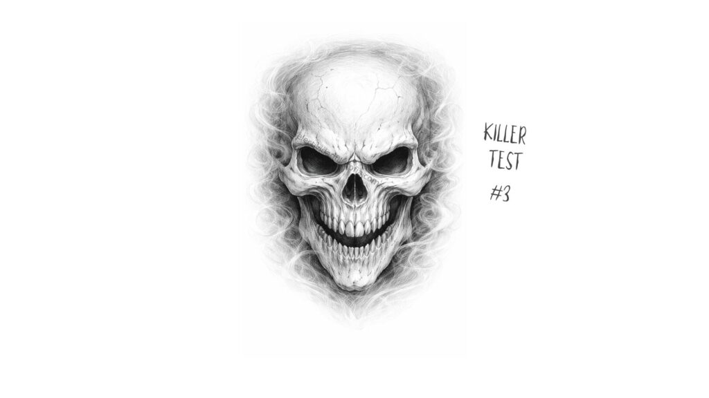 Calavera blanca con expresión amenazante y cavidades oscuras en ojos, nariz y boca, ilustración en blanco y negro estilo boceto de SeleFilo.