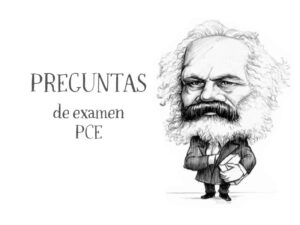Ilustración de Marx de Nacho García insertada en imagen con título “Preguntas de Examen PCE” en el blog educativo “SeleFilo” de preparación para las pruebas de Filosofía PAU y PCE, de Esther Varela. Ilustra entrada con archivo en PDF de preguntas del filósofo.