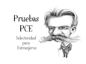 Ilustración de Nietzsche de Nacho García con título “Pruebas PCE - Selectividad para Extranjeros”, en el blog educativo “SeleFilo” de preparación para las pruebas de Filosofía PAU y PCE, de Esther Varela.