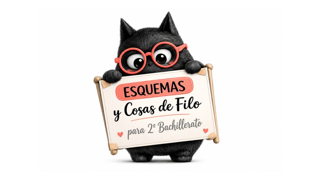 Personaje SeleFilo con cartel de Esquemas Visuales de Filosofía para PAU y bachillerato. Material educativo de Esther Varela.