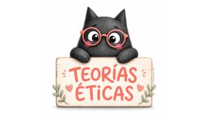Personaje mascota negra de SeleFilo con cartel de Teorías Éticas ilustrando test online de Filosofía de Selectividad.