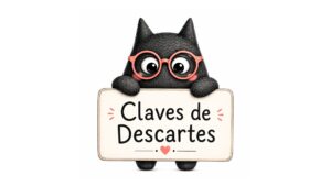 Personaje de SeleFilo sujetando un cartel que pone "Claves de Descartes" para la Selectividad.