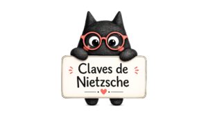 Personaje de SeleFilo sujetando un cartel que pone "Claves de Nietzsche" para la Selectividad.