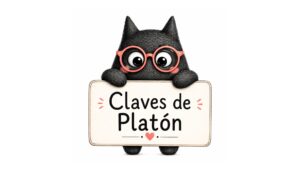 Personaje de SeleFilo sujetando un cartel que pone "Claves de Platón" para la Selectividad.