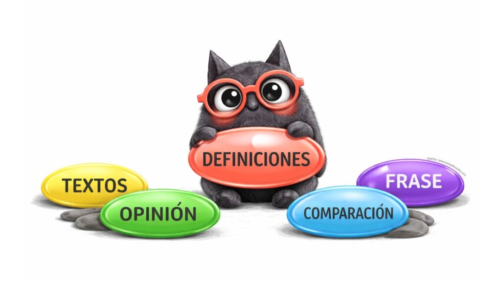 Personaje SeleFilo rodeado de materiales para Selectividad de Filosofía en forma de esferas de colores: textos, definiciones, comparaciones, opinión y frases de Filosofía para el examen PAU.