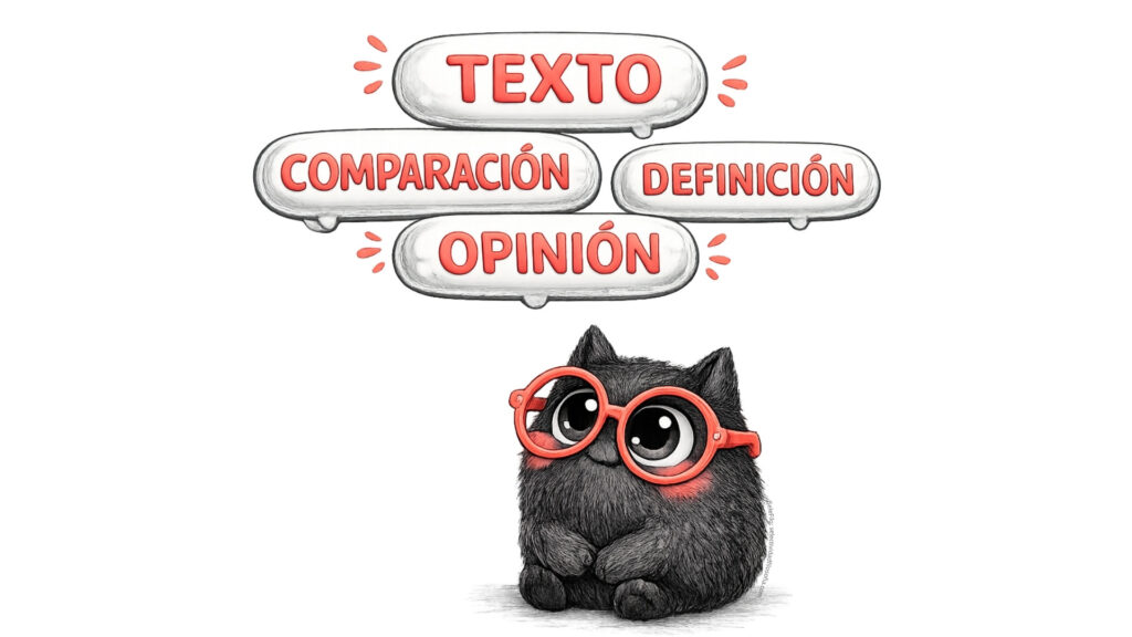 Personaje de SeleFilo (del blog Selectividad Filosofía de Esther Varela) sentado mirando palabras de preguntas de examen de Filosofía PAU