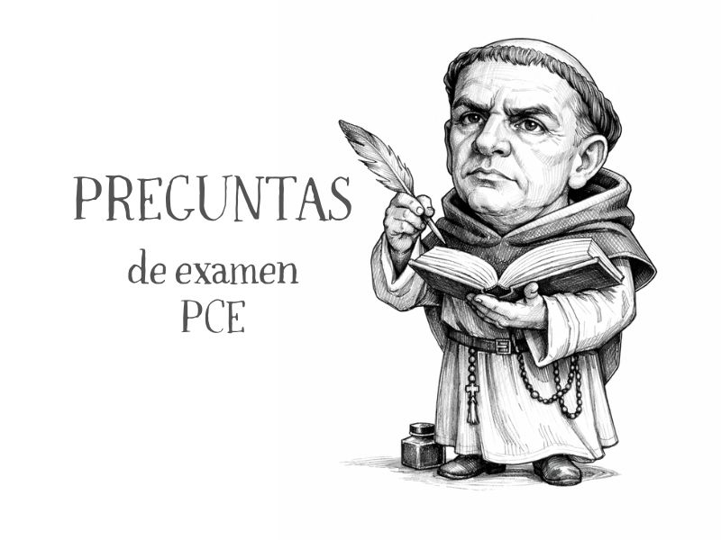 Ilustración de Santo Tomás de SeleFilo (Esther Varela) con título Preguntas de Examen PCE en el blog educativo “SeleFilo” de preparación para las pruebas de Filosofía PAU y PCE.