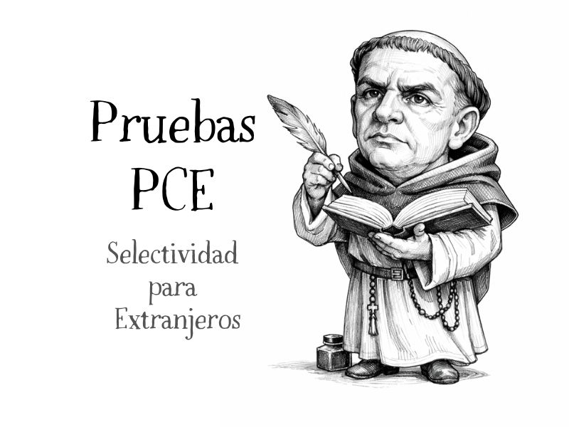 Ilustración de Santo Tomás de SeleFilo (Esther Varela) con título “Pruebas PCE - Selectividad para Extranjeros”, en el blog educativo “SeleFilo” de preparación para las pruebas de Filosofía PAU y PCE.