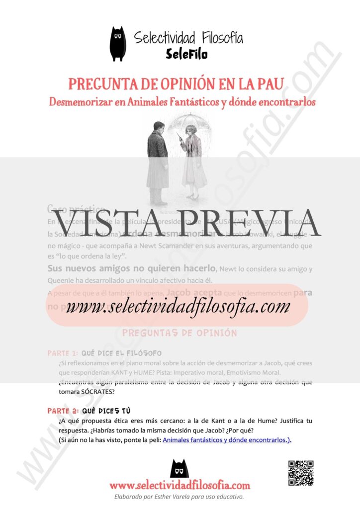 Vista previa de Ficha en PDF para preparar la pregunta de opinión en la PAU de Filosofía, descargable en botón inferior. Del blog SeleFilo de Esther Varela.