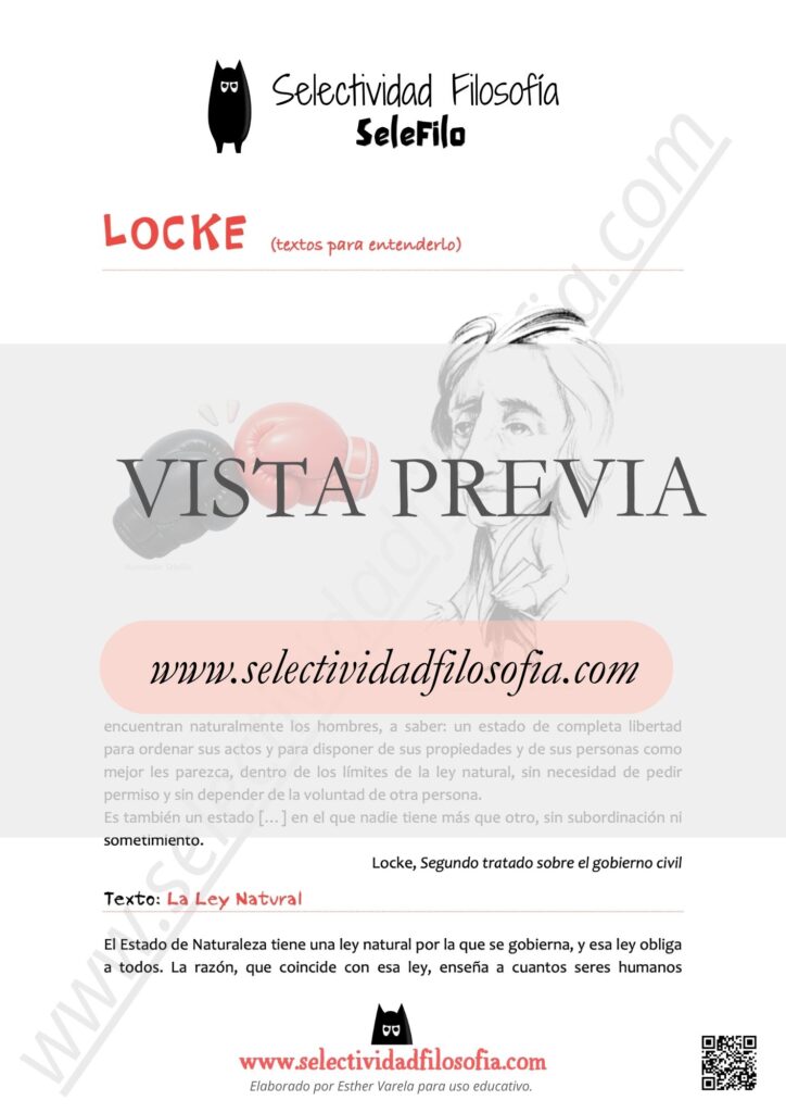 Vista previa de ficha de Batería de textos del filósofo Locke con idea resumen de cada uno de ellos, para los exámenes PAU y PCE de Filosofía. Descargable en botón inferior. De Esther Varela, SeleFilo.