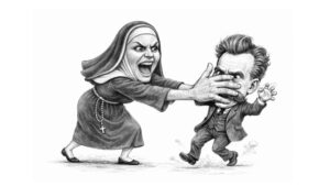 Ilustración de monja tapando la boca al filósofo Nietzsche (del blog SeleFilo de Esther Varela)