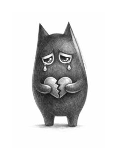 Ilustración del logo de búho-gato negro del blog educativo SeleFilo. Búho con corazón roto