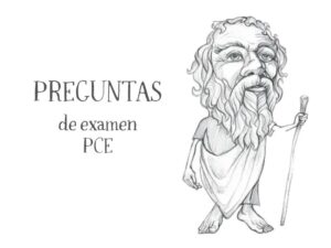 Ilustración de Sócrates de Nacho García con título Preguntas de Examen PCE en el blog educativo “SeleFilo” de preparación para las pruebas de Filosofía PAU y PCE, de Esther Varela.