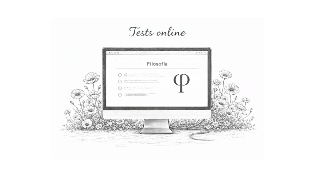 Ilustración de computadora con examen test online de filosofía