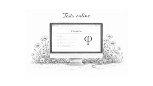 Ilustración de computadora con examen test online de filosofía