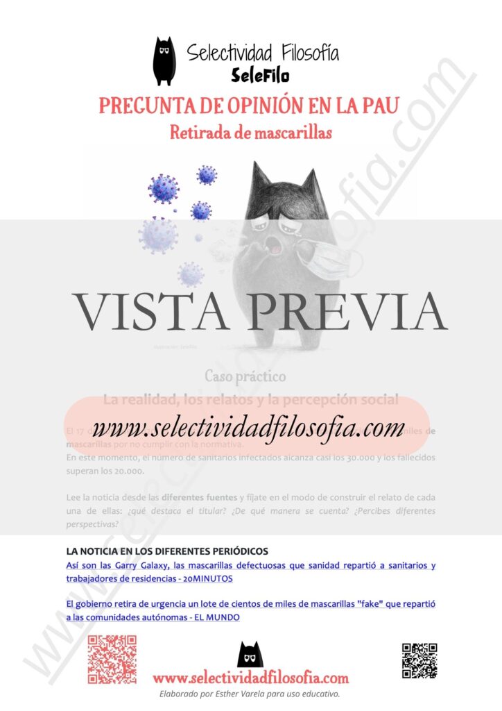 Vista previa de actividad de Pregunta de Opinión filosófica, descargable en PDF; sobre la retirada de mascarillas. Blog SeleFilo de Esther Varela
