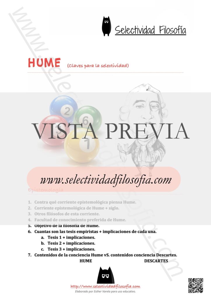 Vista previa de documento rellenable con Claves teóricas y preguntas para la Selectividad del filósofo Hume. Elaborado por Esther Varela - SeleFilo.