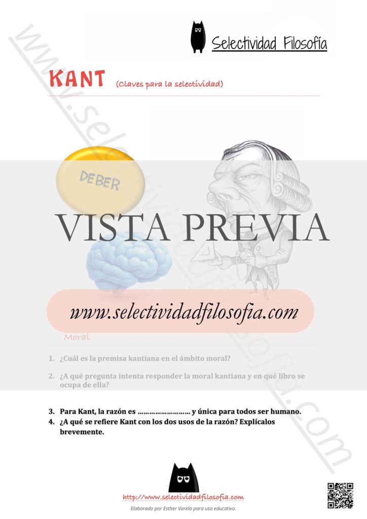 Vista previa de documento rellenable con Claves teóricas y preguntas para la Selectividad del filósofo Kant. Elaborado por Esther Varela - SeleFilo.