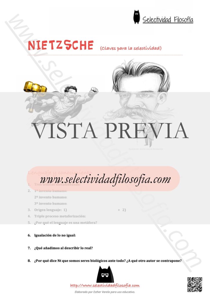 Vista previa de documento rellenable con Claves teóricas y preguntas para la Selectividad del filósofo Nietzsche. Elaborado por Esther Varela - SeleFilo.