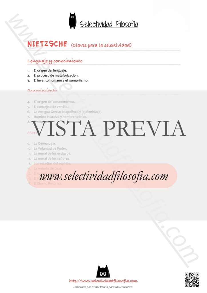 Vista previa de archivo con Claves para la Selectividad del filósofo Nietzsche. Descargable en el botón inferior. Elaborado por Esther Varela - SeleFilo.