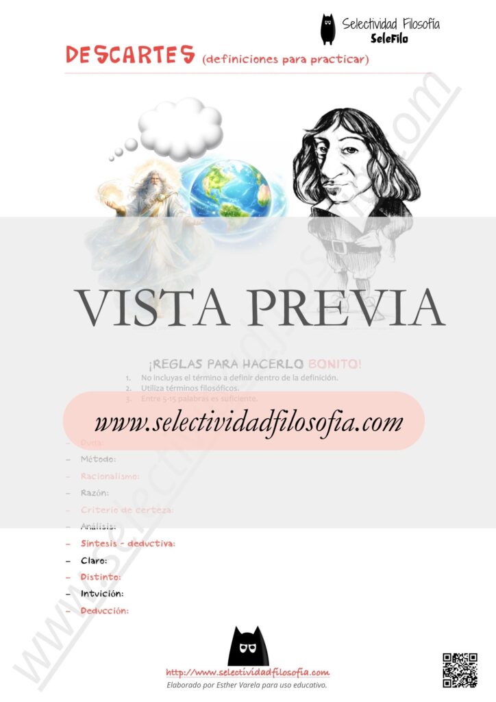 Vista previa de selección de conceptos de Descartes para preparar las definiciones del examen PAU y PCE de Filosofía. Descargable en botón inferior. Elaborado por Esther Varela - SeleFilo.