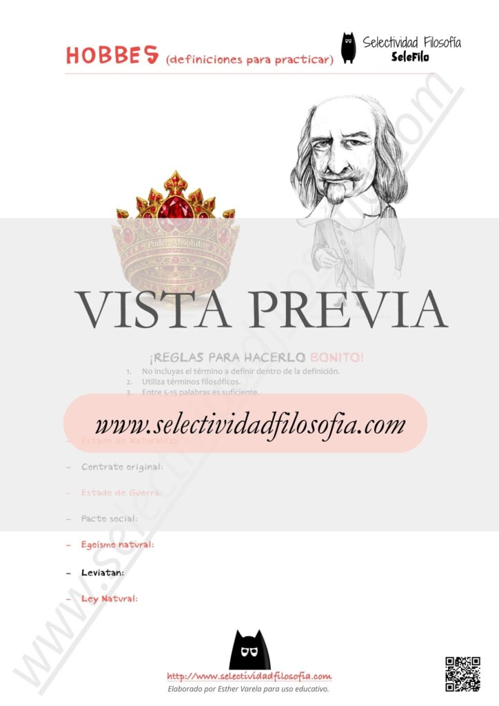 Vista previa de selección de conceptos de Hobbes para preparar las definiciones del examen PAU y PCE de Filosofía. Descargable en botón inferior. Elaborado por Esther Varela - SeleFilo.