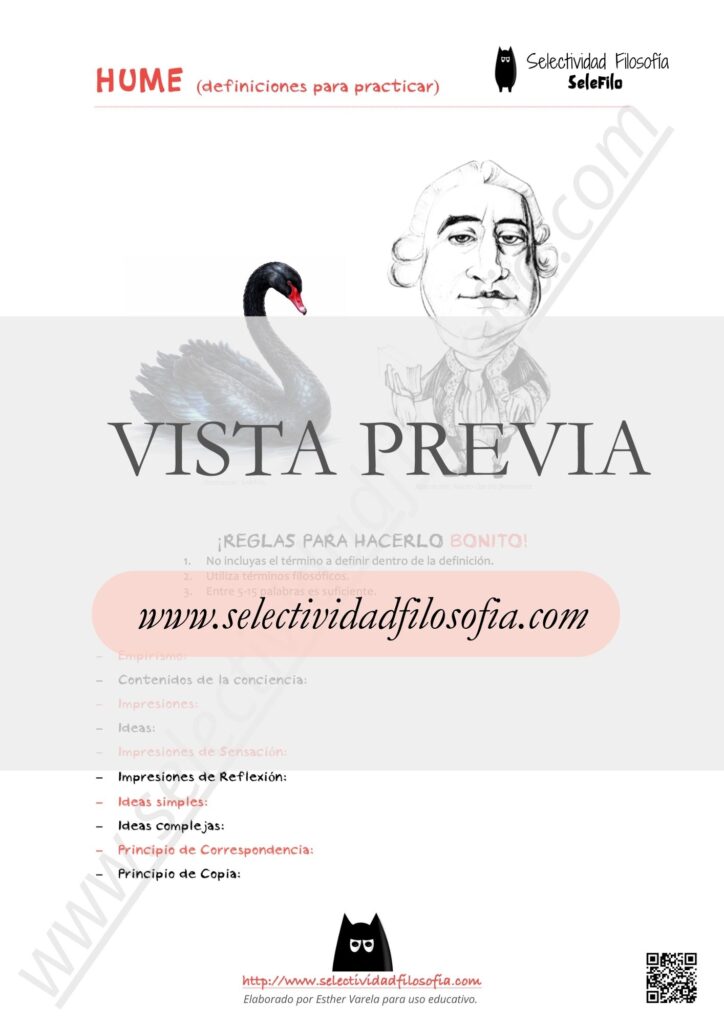Vista previa de selección de conceptos de Hume para preparar las definiciones del examen PAU y PCE de Filosofía. Descargable en botón inferior. Elaborado por Esther Varela - SeleFilo.